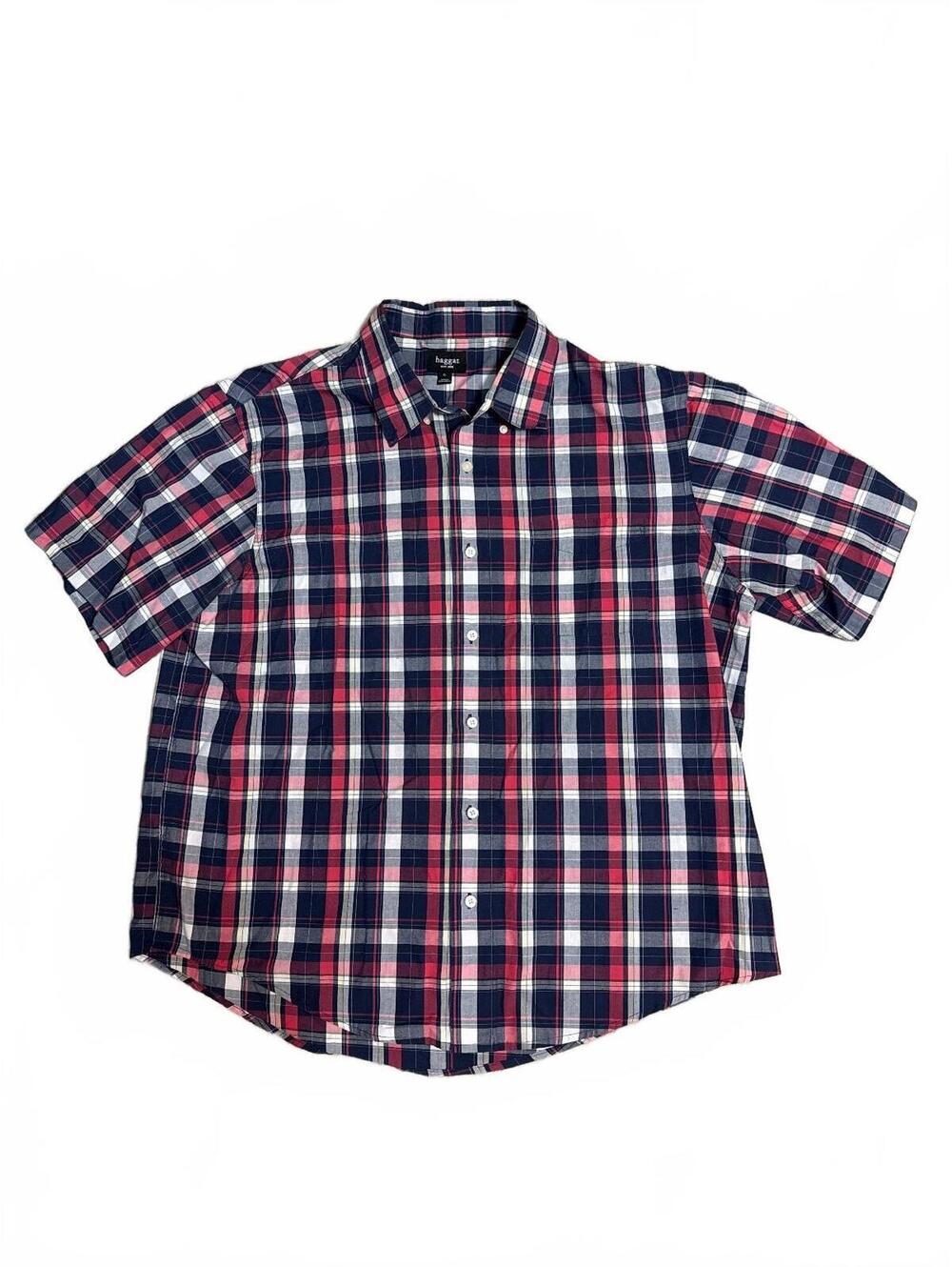 Haggar Men’s XL Short Sleeve Plaid Button Up Shirt Red Navy Blue Plaid Casual